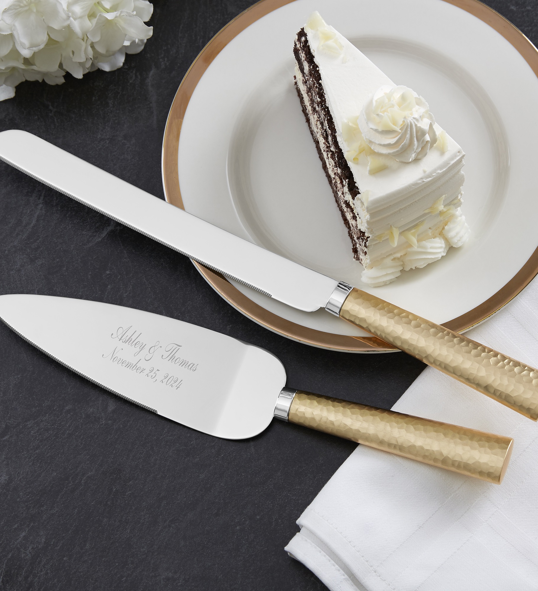 Gold Hammered Engraved Cake Knife & Server Set